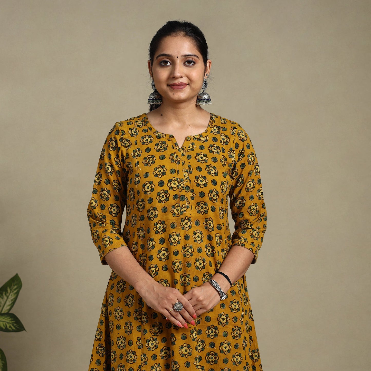 Yellow Block Print Natural Dyed Cotton A-Line Ajrakh Kurta