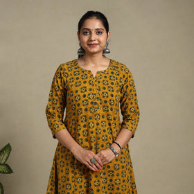 Yellow Block Print Natural Dyed Cotton A-Line Ajrakh Kurta