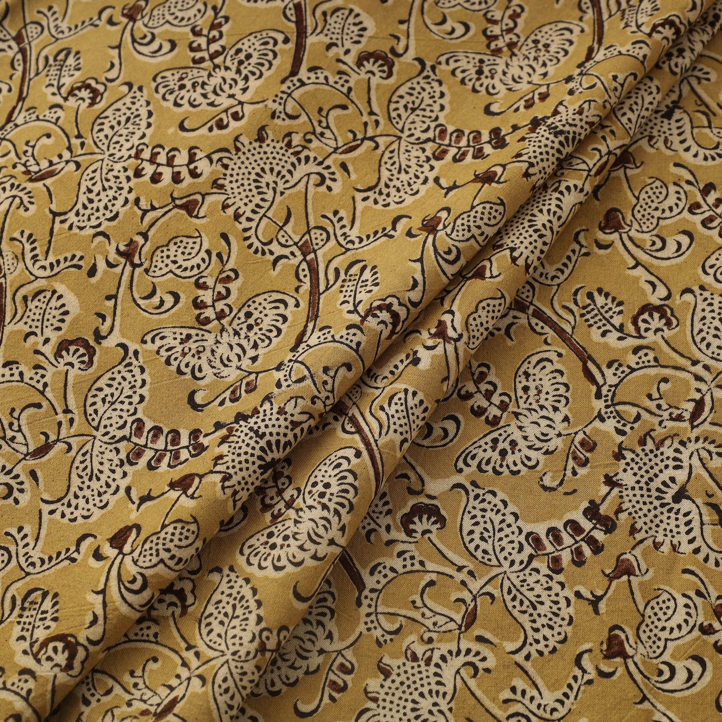 Yellow Natural Dyed Block Print Cotton Pedana Kalamkari Fabric