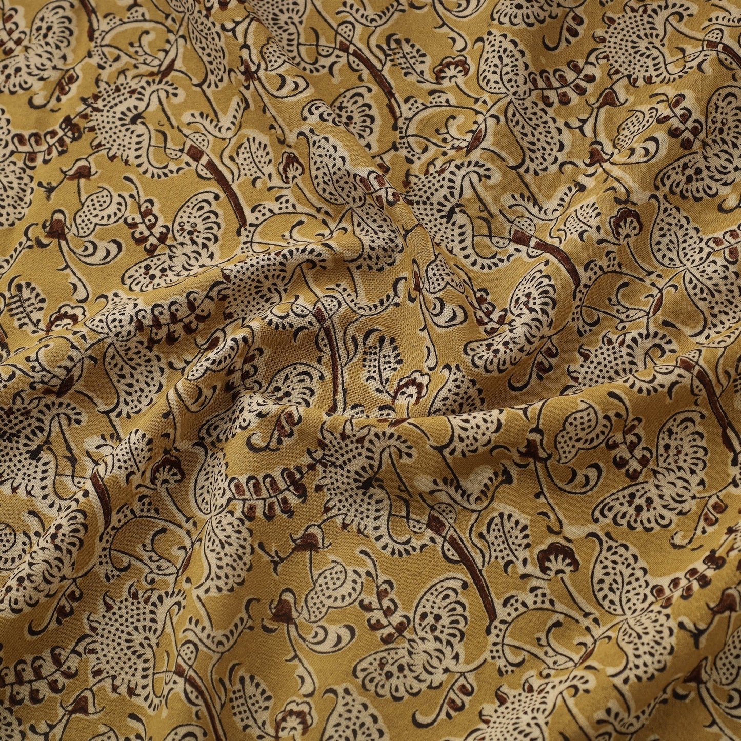 Yellow Natural Dyed Block Print Cotton Pedana Kalamkari Fabric