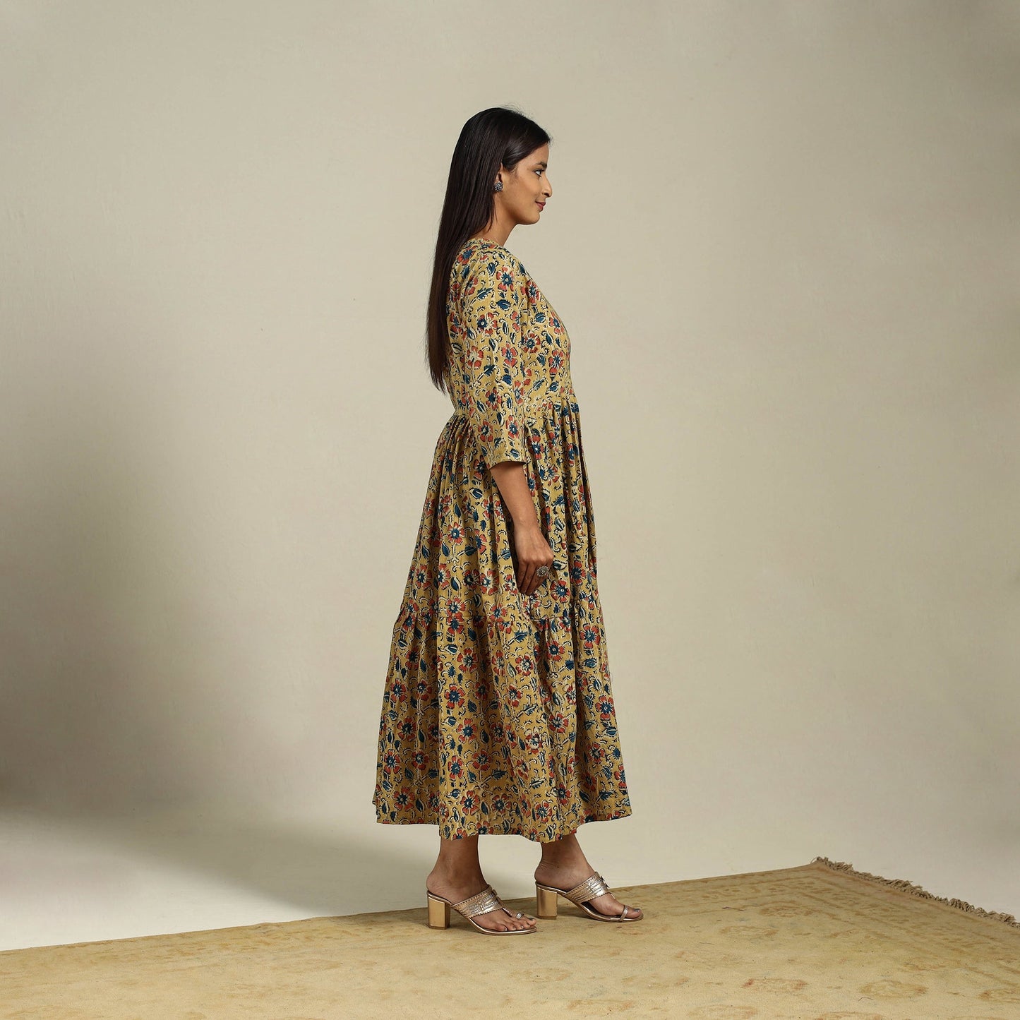 Yellow Block Print Natural Dyed Cotton Tiered Kalamkari Dress