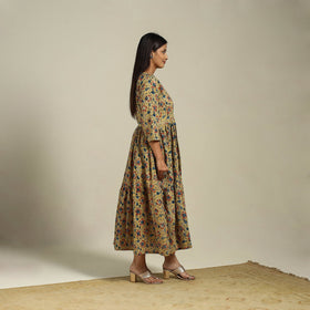 Yellow Block Print Natural Dyed Cotton Tiered Kalamkari Dress