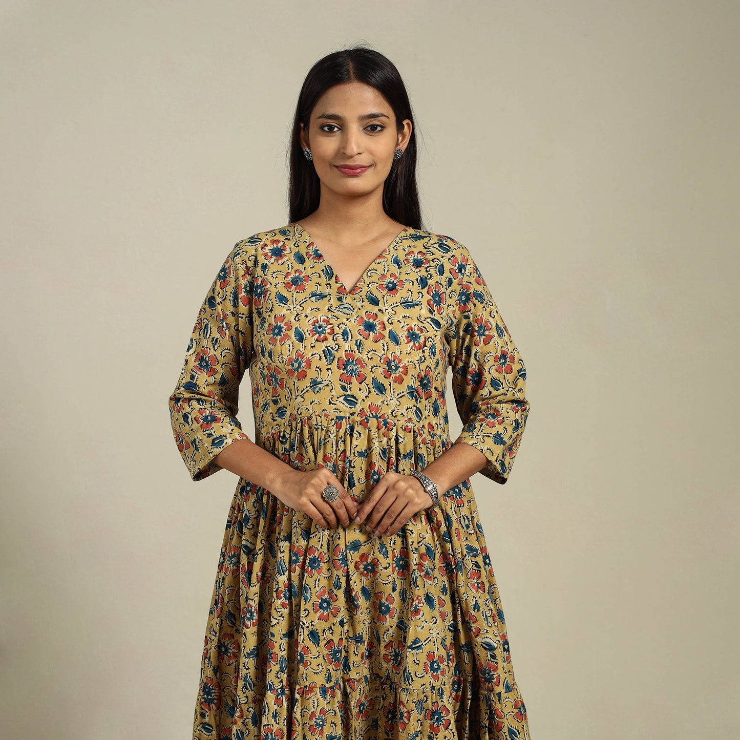 Yellow Block Print Natural Dyed Cotton Tiered Kalamkari Dress