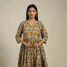 Yellow Block Print Natural Dyed Cotton Tiered Kalamkari Dress