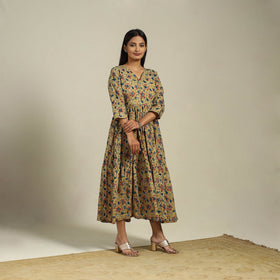Yellow Block Print Natural Dyed Cotton Tiered Kalamkari Dress