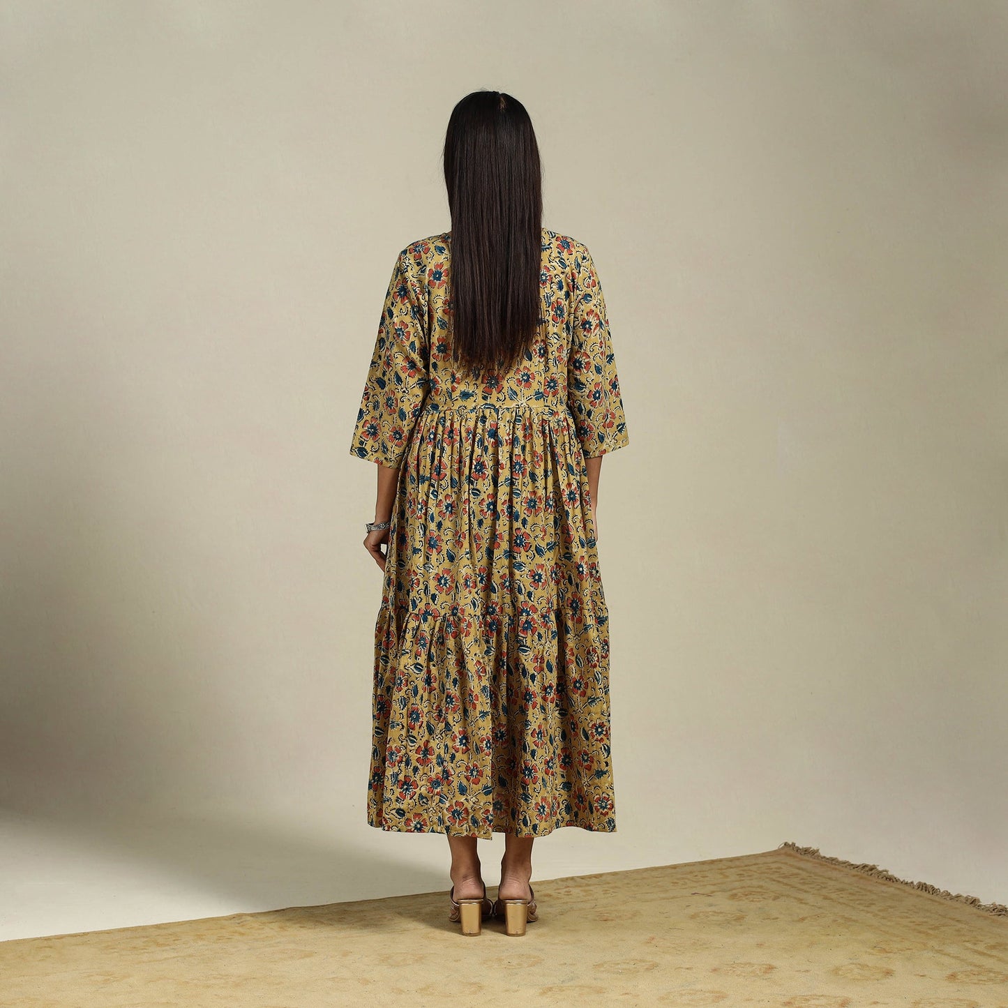 Yellow Block Print Natural Dyed Cotton Tiered Kalamkari Dress