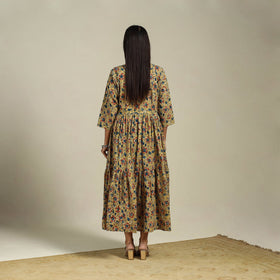 Yellow Block Print Natural Dyed Cotton Tiered Kalamkari Dress