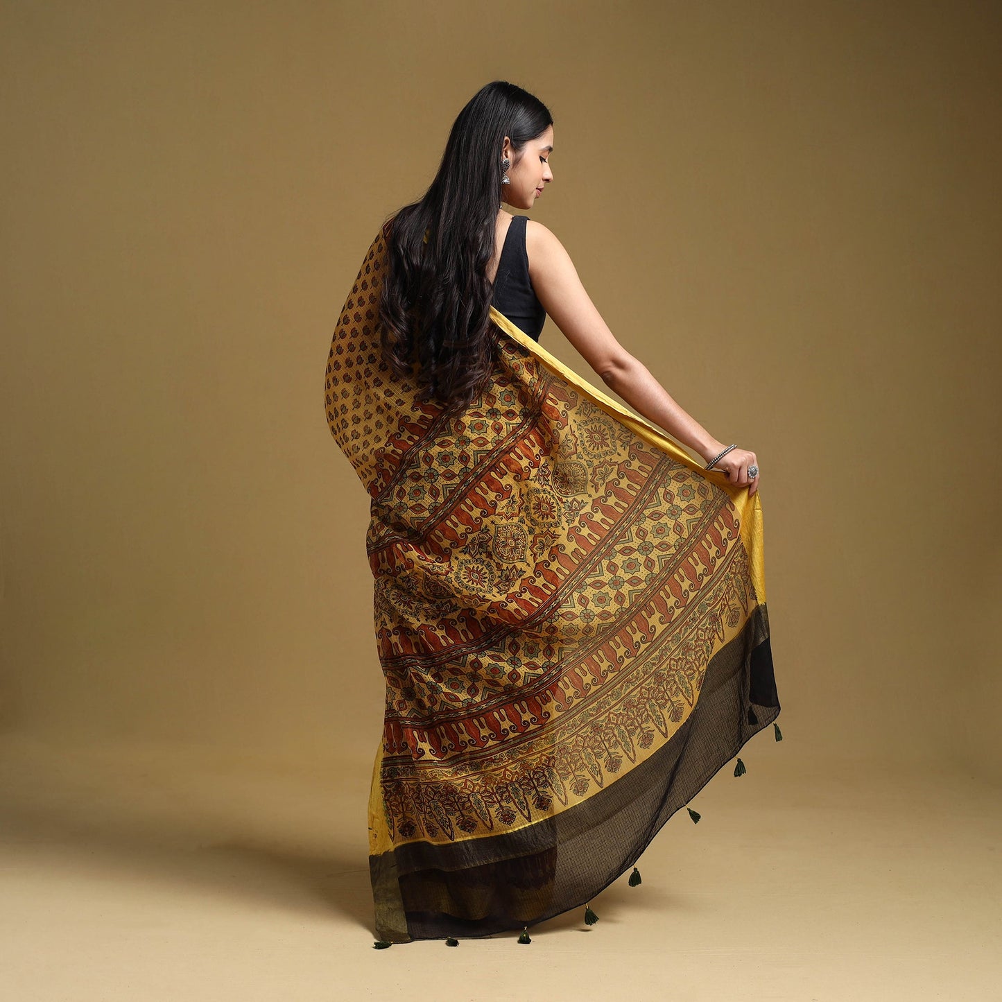 Yellow - natural dyed kota doria cotton saree 05