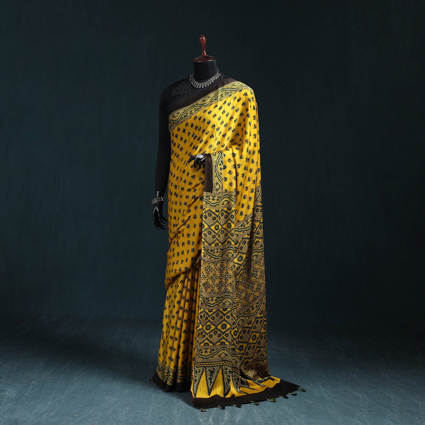 Natural dyed modal silk kutch hand block print ajrakh saree