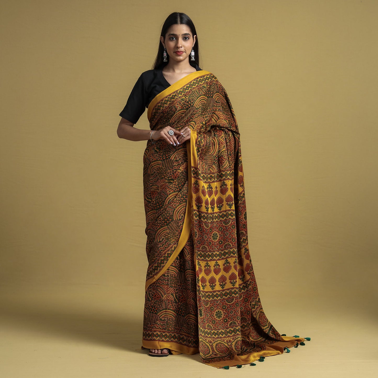  Natural Dyed Block Print Modal Silk Ajrakh Saree