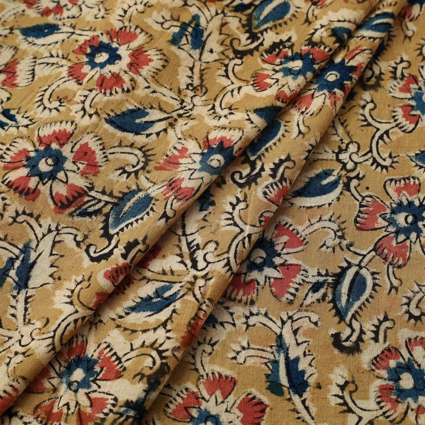 Yellow Natural Dyed Pedana Block Print Cotton Kalamkari Fabric