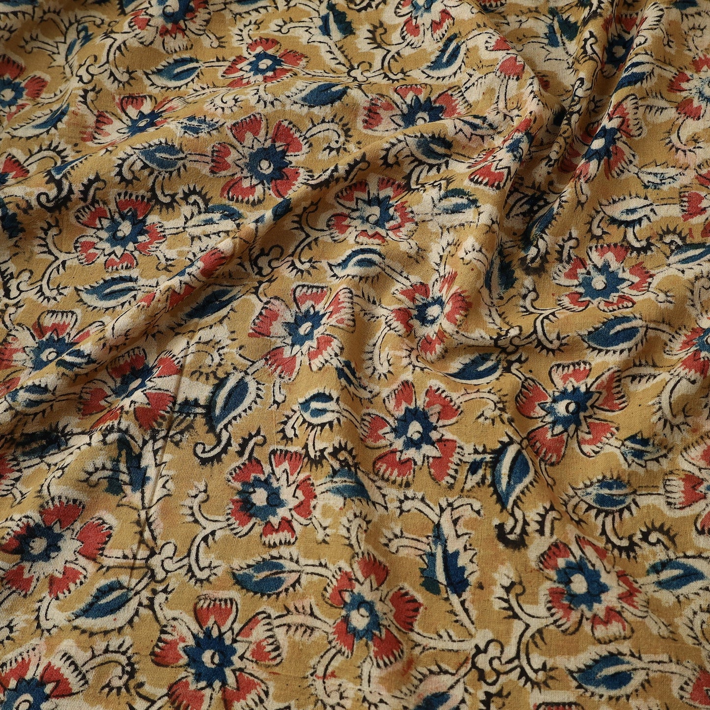 Yellow Natural Dyed Pedana Block Print Cotton Kalamkari Fabric