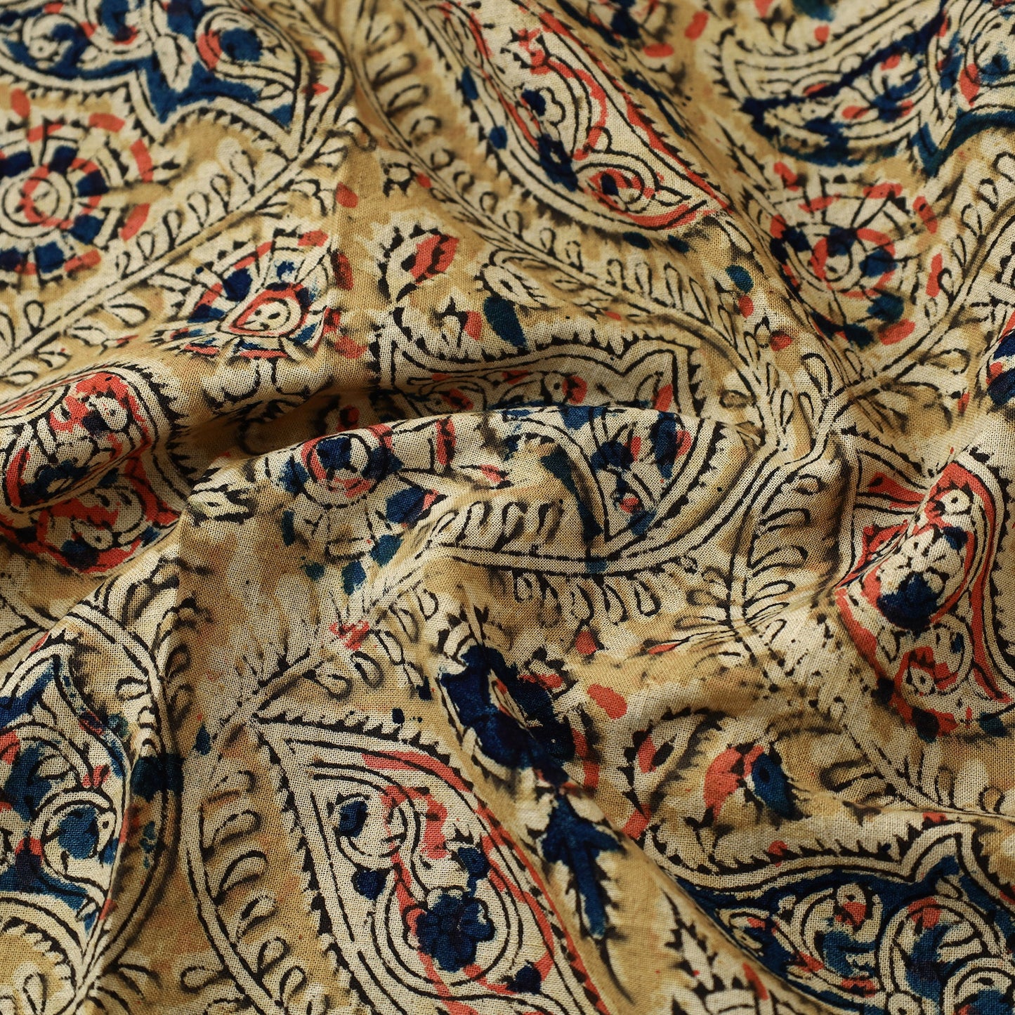 Yellow Natural Dyed Pedana Block Print Cotton Kalamkari Fabric