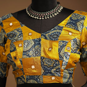 Yellow Navratri Garba Chaniya Choli Set in Mashru Silk with Ajrakh Patch