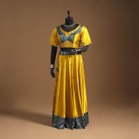 Yellow Navratri Garba Chaniya Choli Set in Mashru Silk with Ajrakh Patch