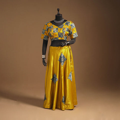 Yellow Navratri Garba Chaniya Choli Set in Mashru Silk with Ajrakh Patch