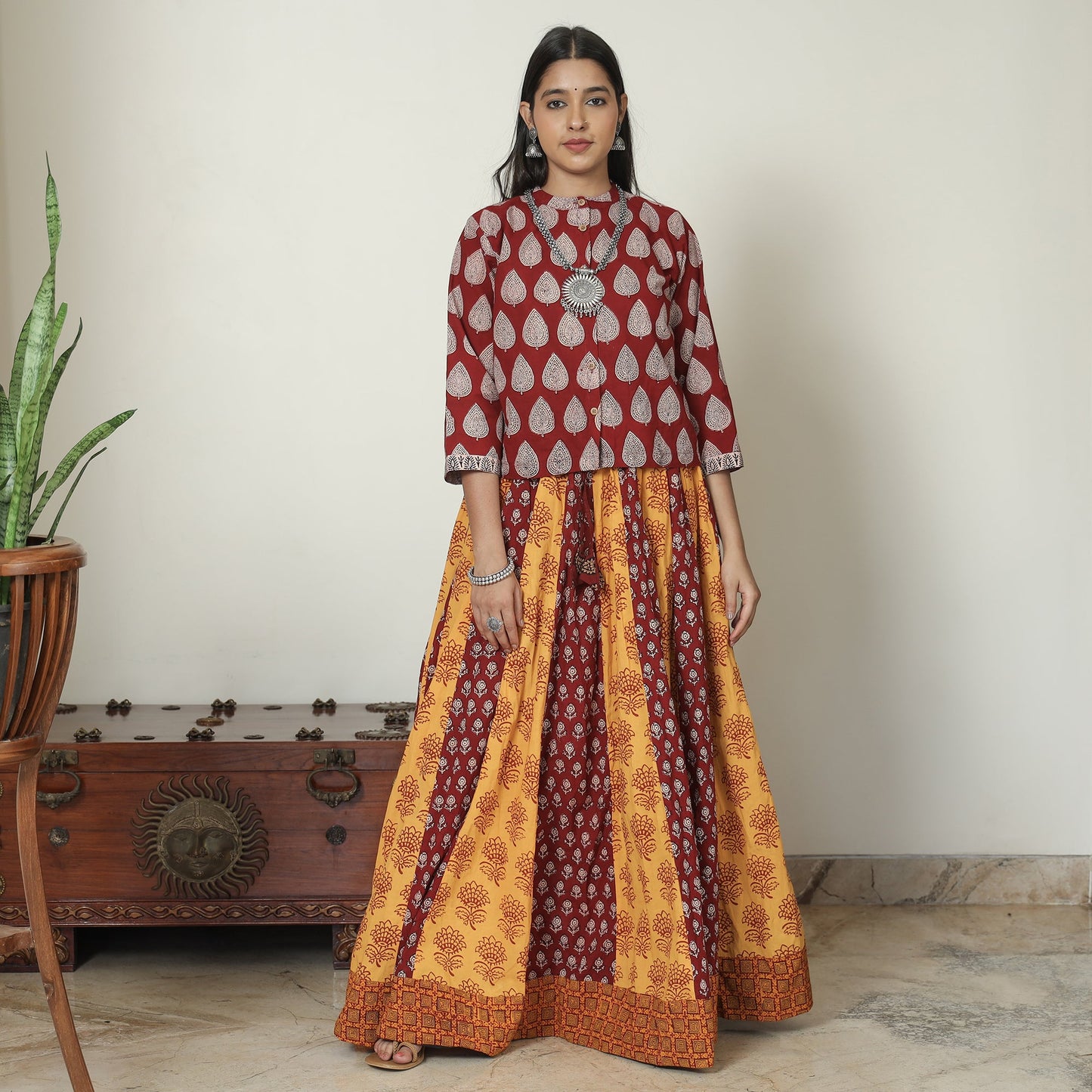  Bagh Block Printed Patchwork Cotton Long Skirt 