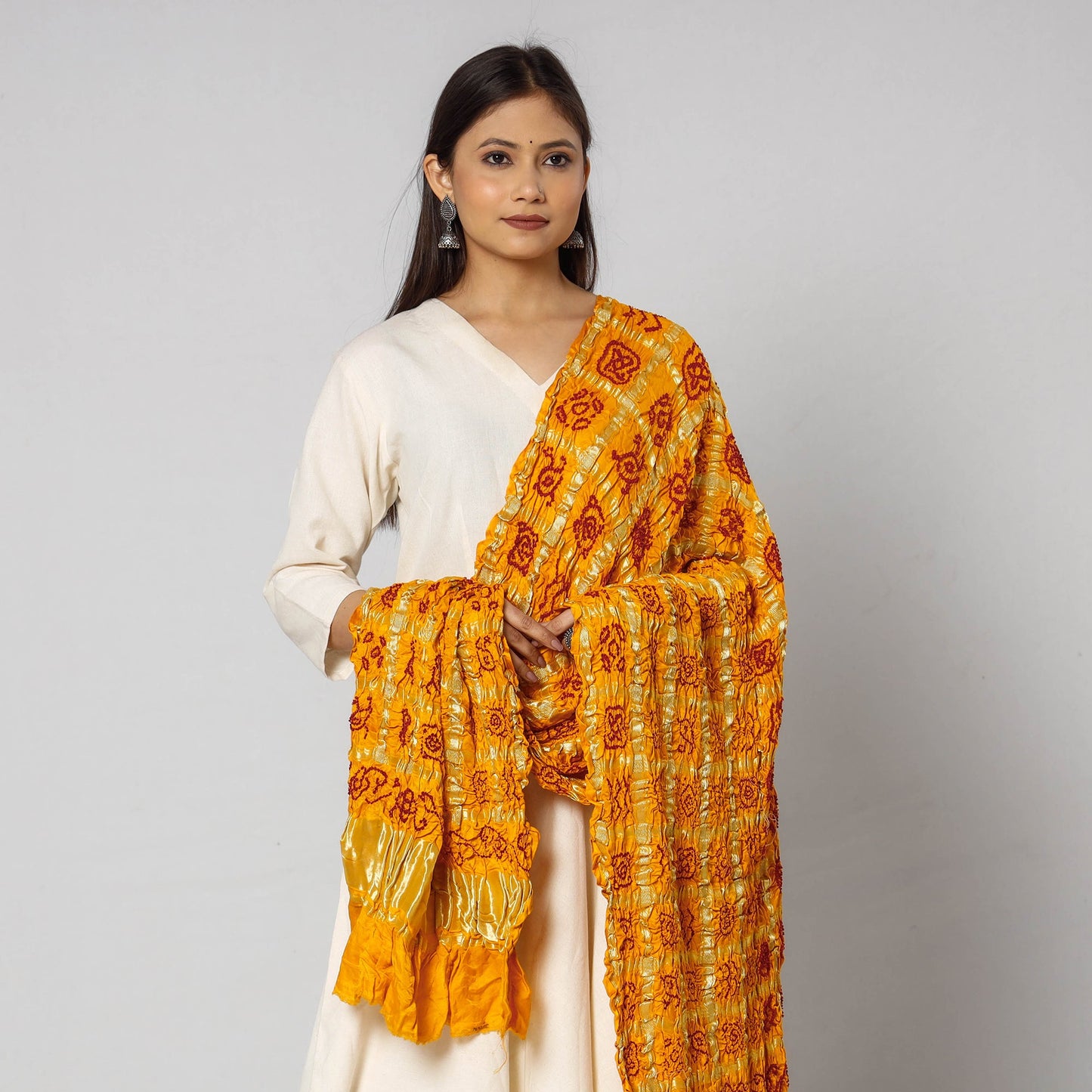 Buy Kutch Bandhani Tie-Dye Zari Checks Modal Silk Dupatta l iTokri.com