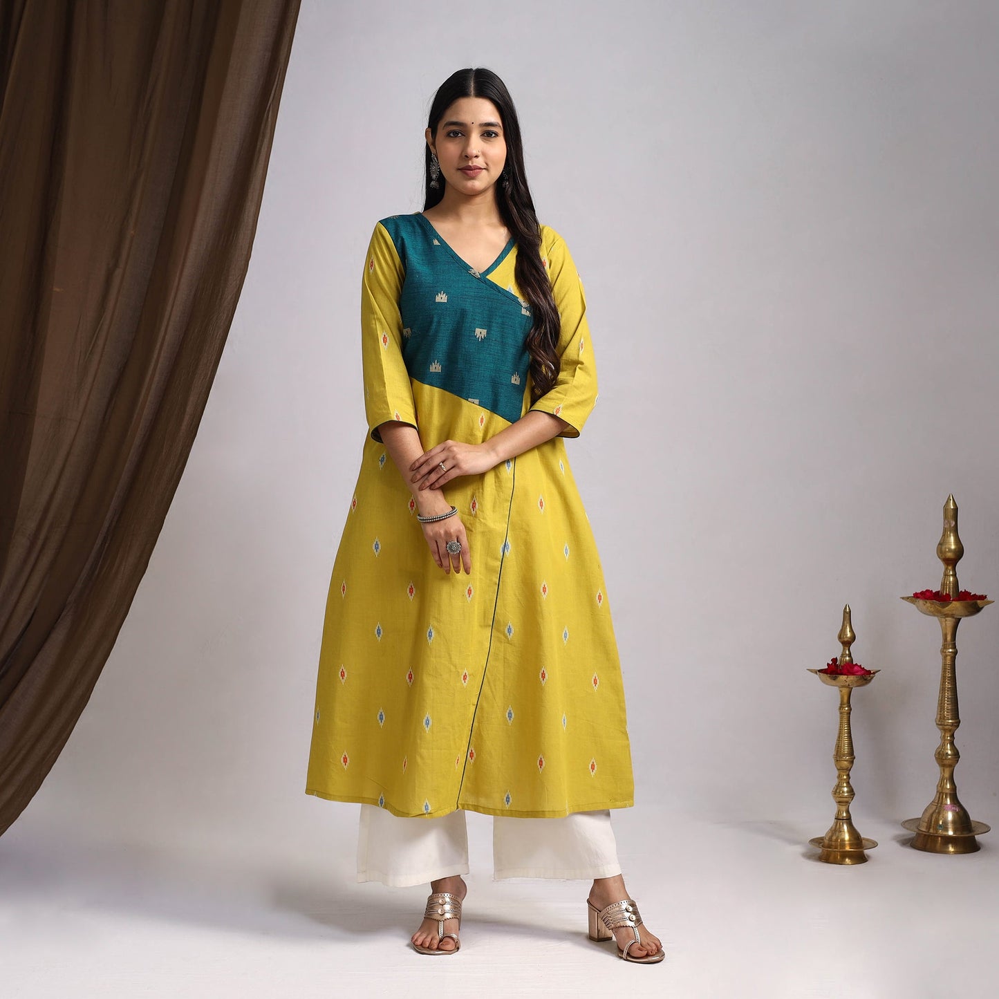 Yellow Noorani Tapestry Cotton A-Line Jacquard Kurta for Women