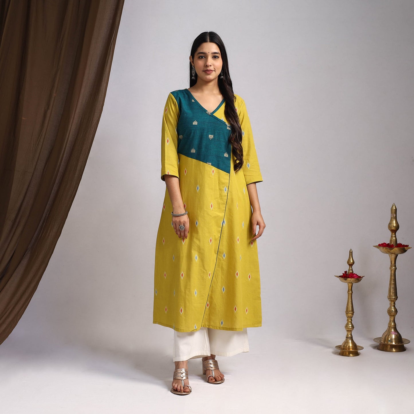 Yellow Noorani Tapestry Cotton A-Line Jacquard Kurta for Women