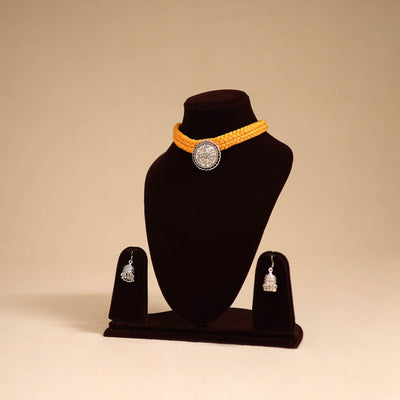 Yellow - orange - thread work german silver necklace set 01