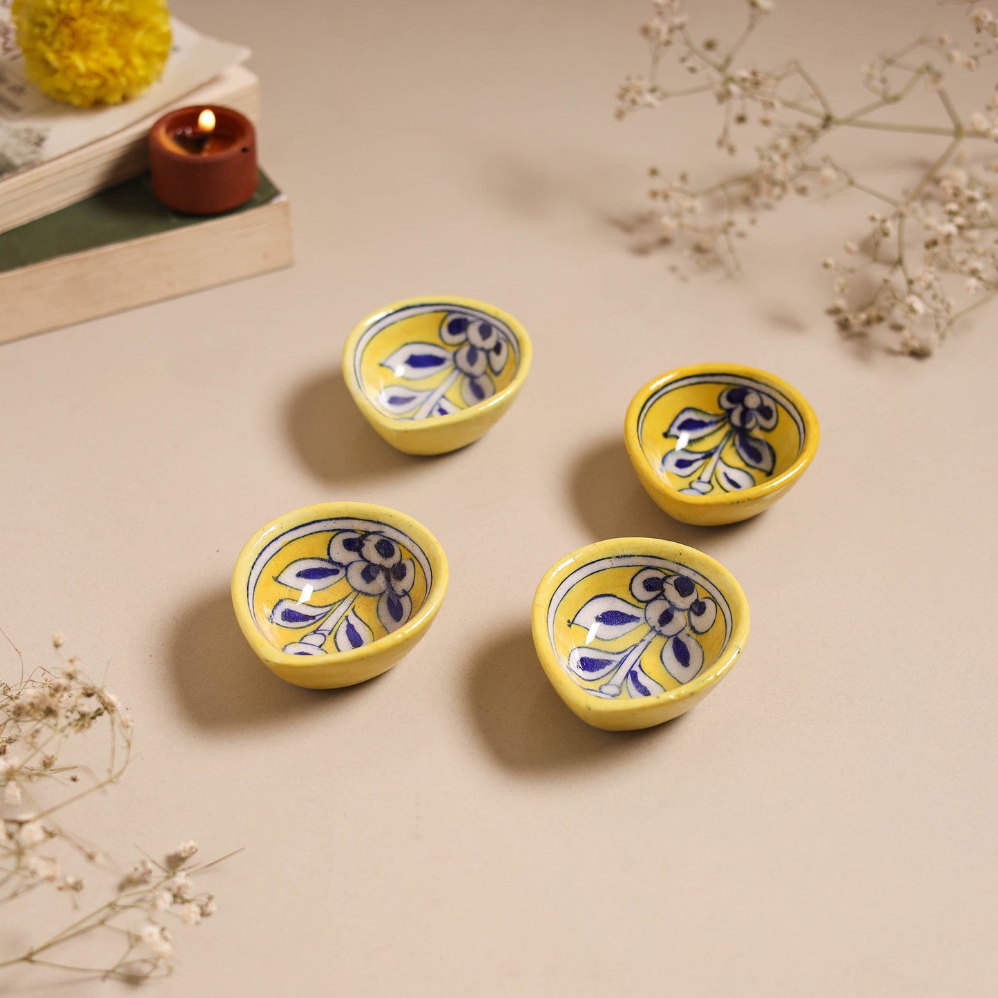 Yellow - original blue pottery ceramic diya with agarbatti