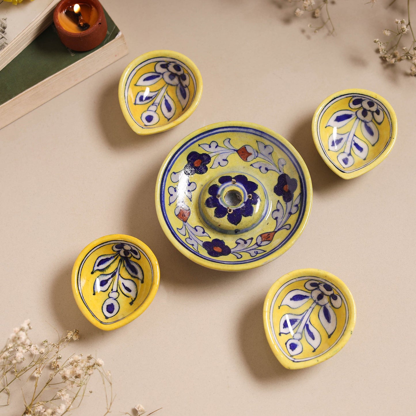 Yellow - original blue pottery ceramic diya with agarbatti