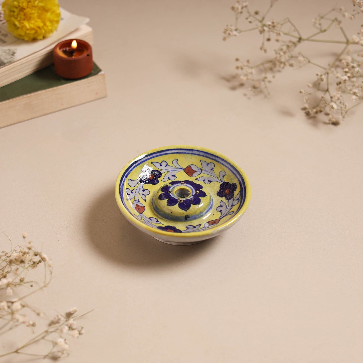 Yellow - original blue pottery ceramic diya with agarbatti