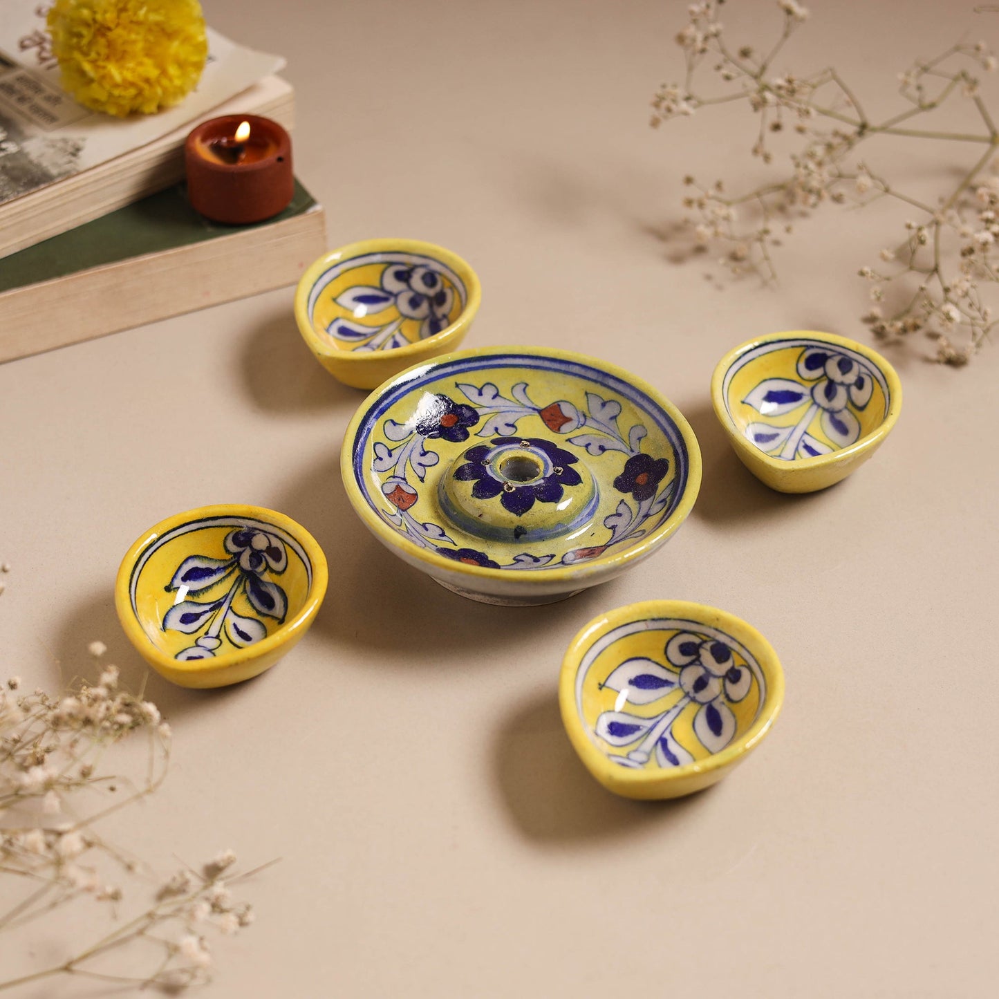 Yellow - original blue pottery ceramic diya with agarbatti