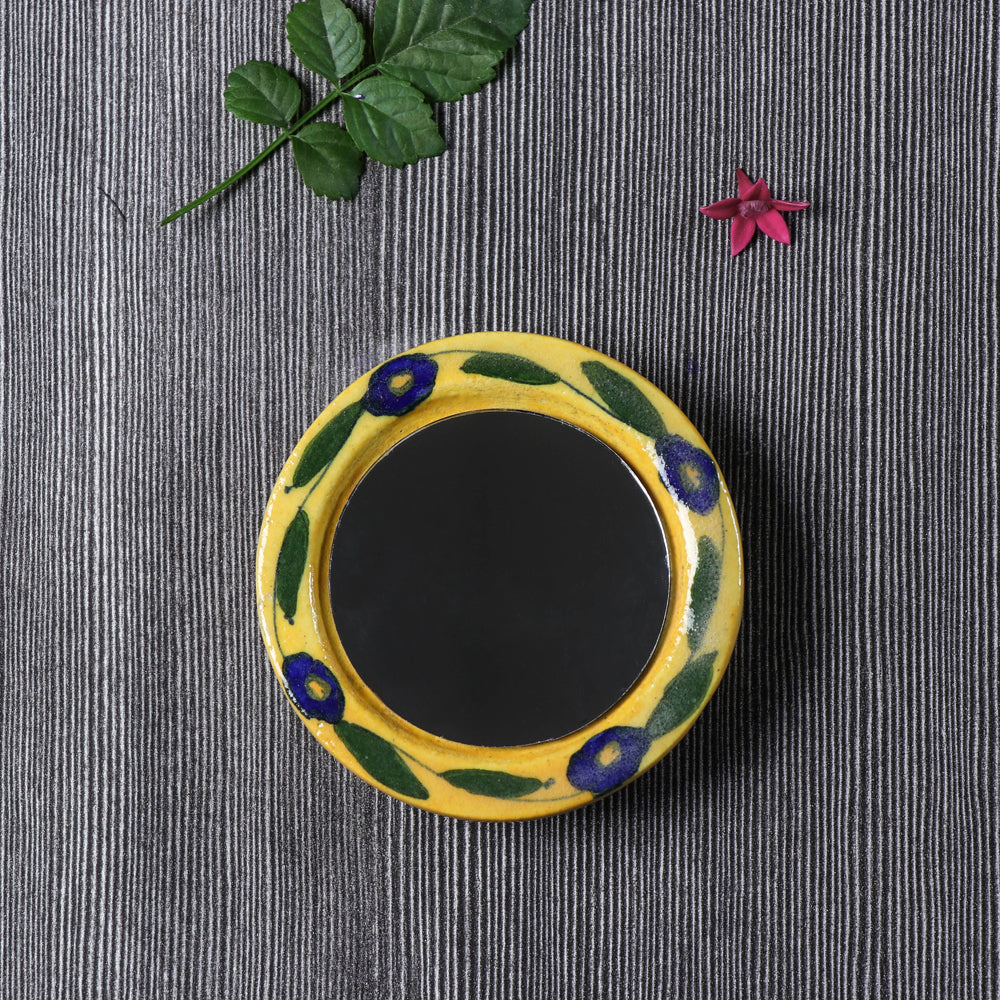 Yellow Original Blue Pottery Ceramic Tile Hand Mirror