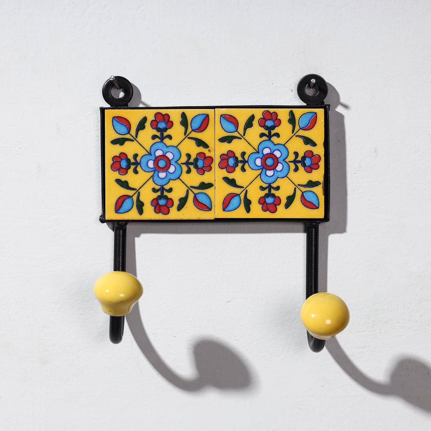  Original Blue Pottery Ceramic Tile Wall Hook Hanger (2 Peg) 