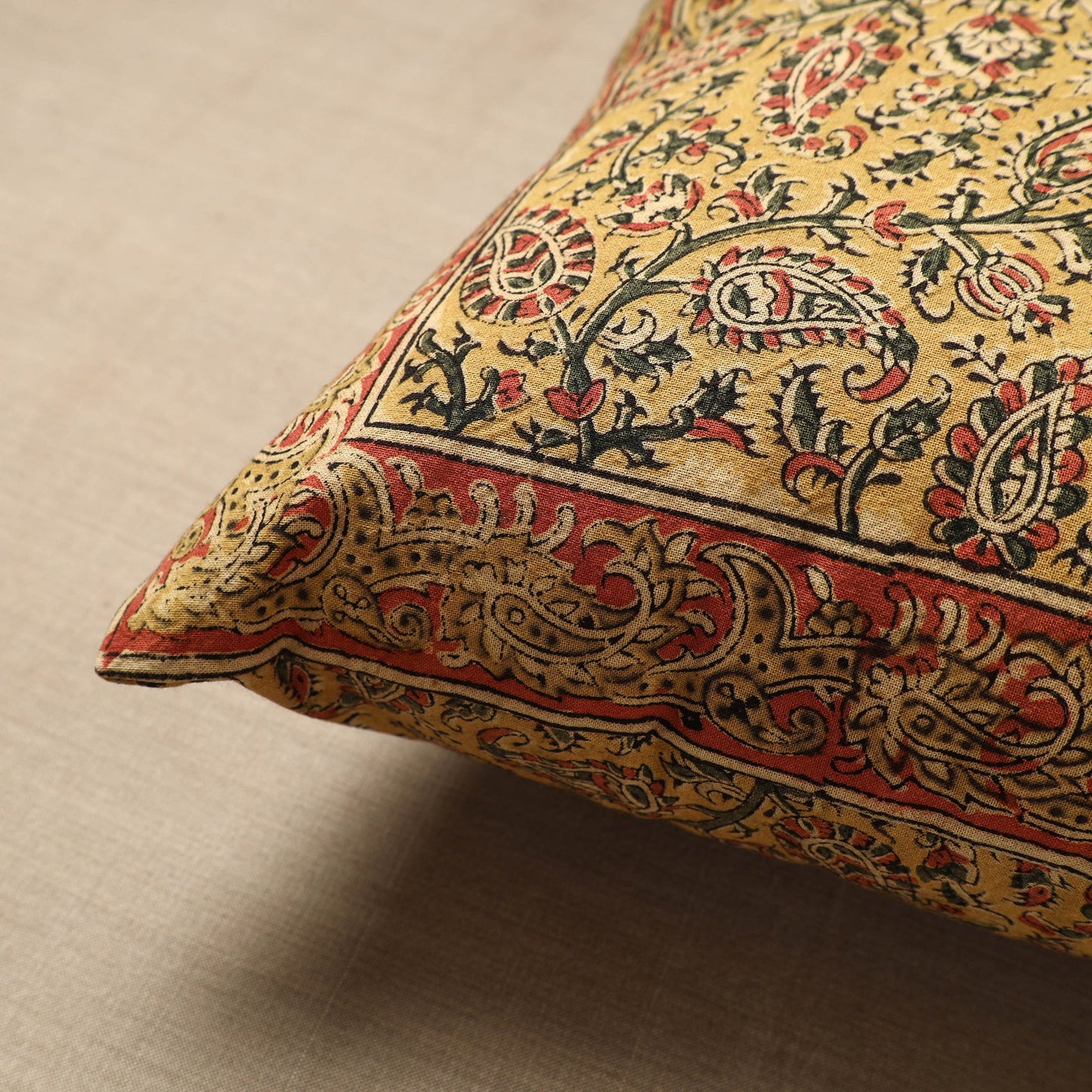 Yellow - Original Pedana Block Print Cotton Kalamkari Cushion Cover 13