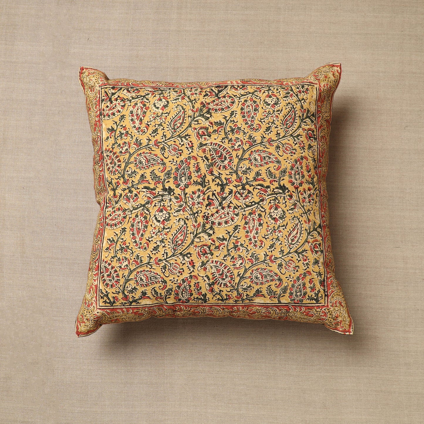 Yellow - Original Pedana Block Print Cotton Kalamkari Cushion Cover 13