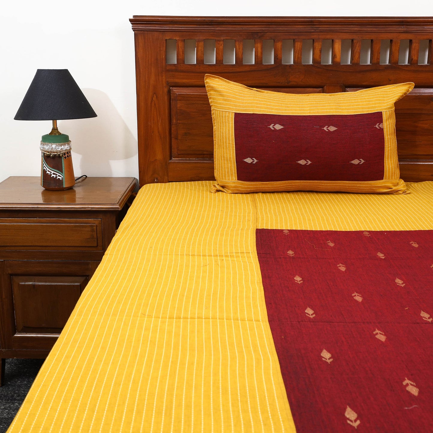 Yellow - patchwork cotton double jacquard bed sheet set 04