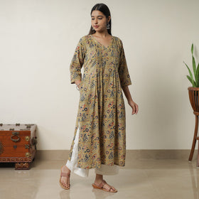 Yellow Pedana Block Print Cotton Pintuck Straight Kalamkari Kurta