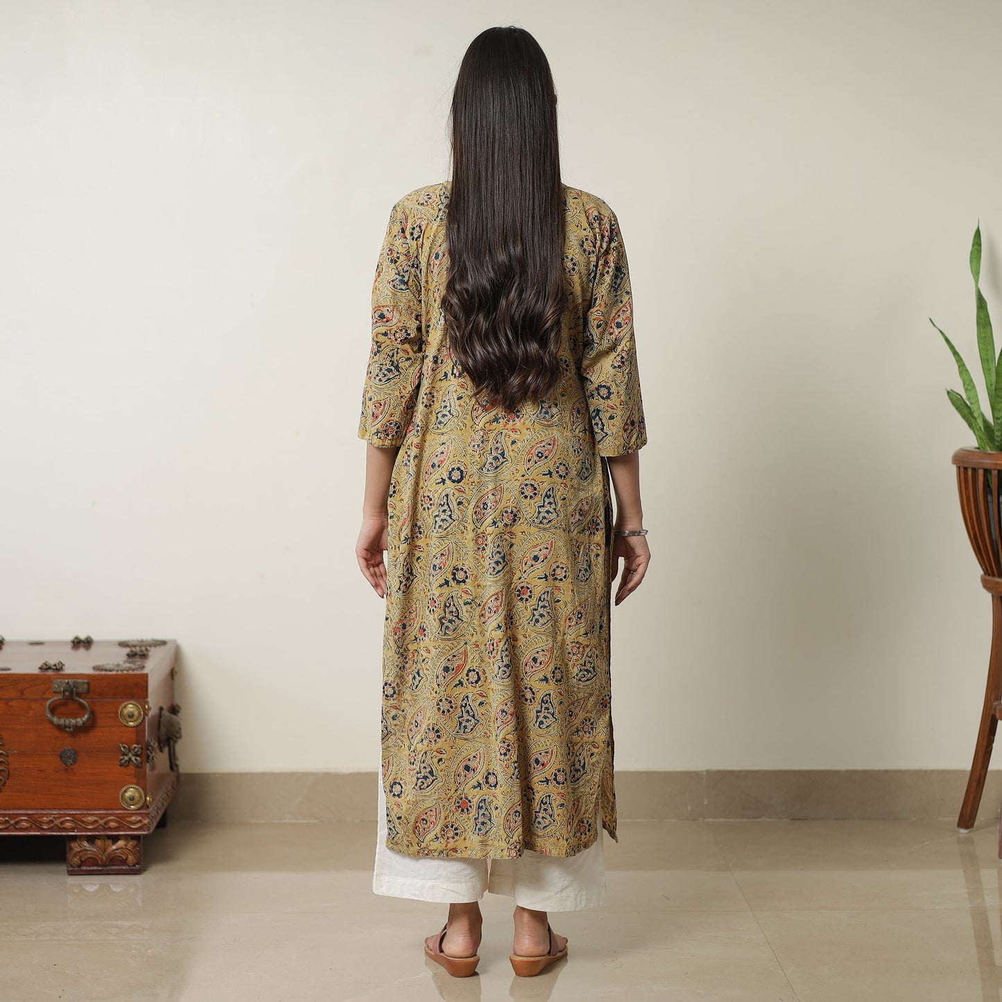 Yellow Pedana Block Print Cotton Pintuck Straight Kalamkari Kurta