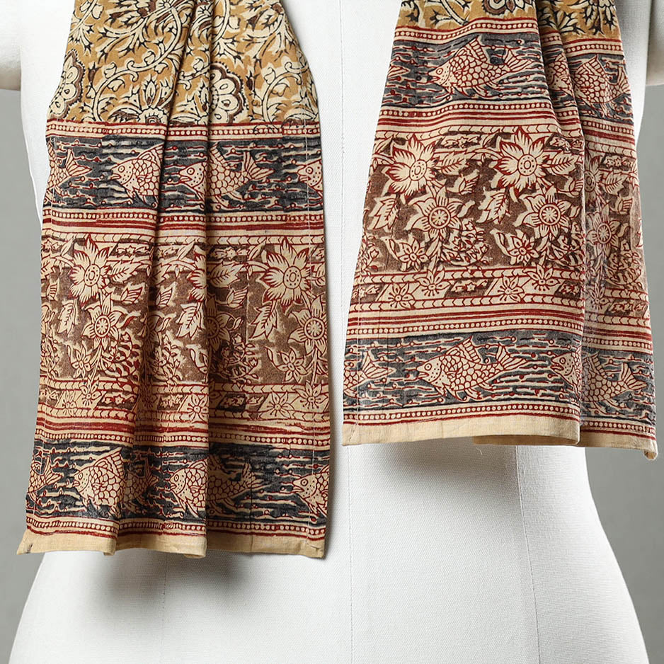 Yellow Pedana Block Print Natural Dyed Cotton Kalamkari Stole