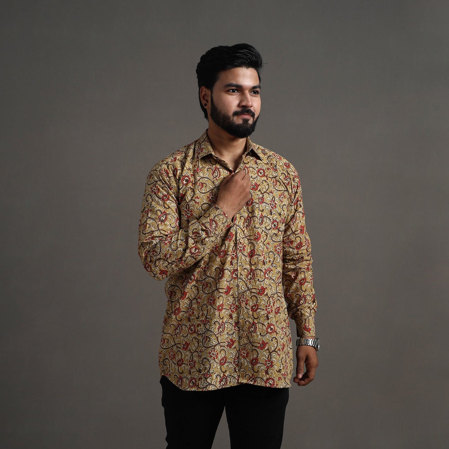 Yellow - Pedana Block Print Cotton Men Kalamkari Shirt 01