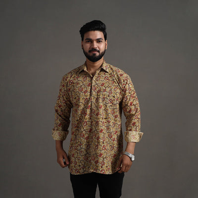 Yellow - Pedana Block Print Cotton Men Kalamkari Shirt 01