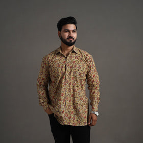 Yellow - Pedana Block Print Cotton Men Kalamkari Shirt 01