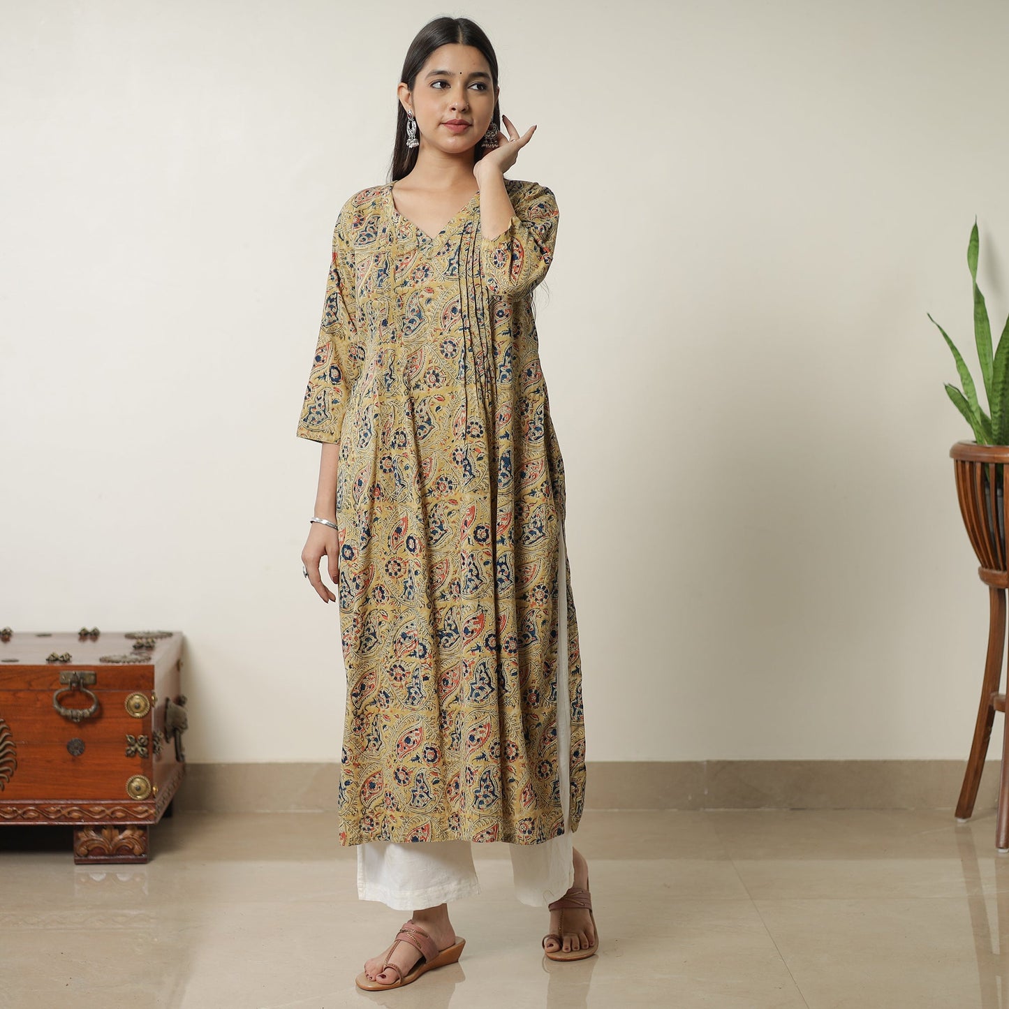 Yellow Pedana Block Print Cotton Pintuck Straight Kalamkari Kurta