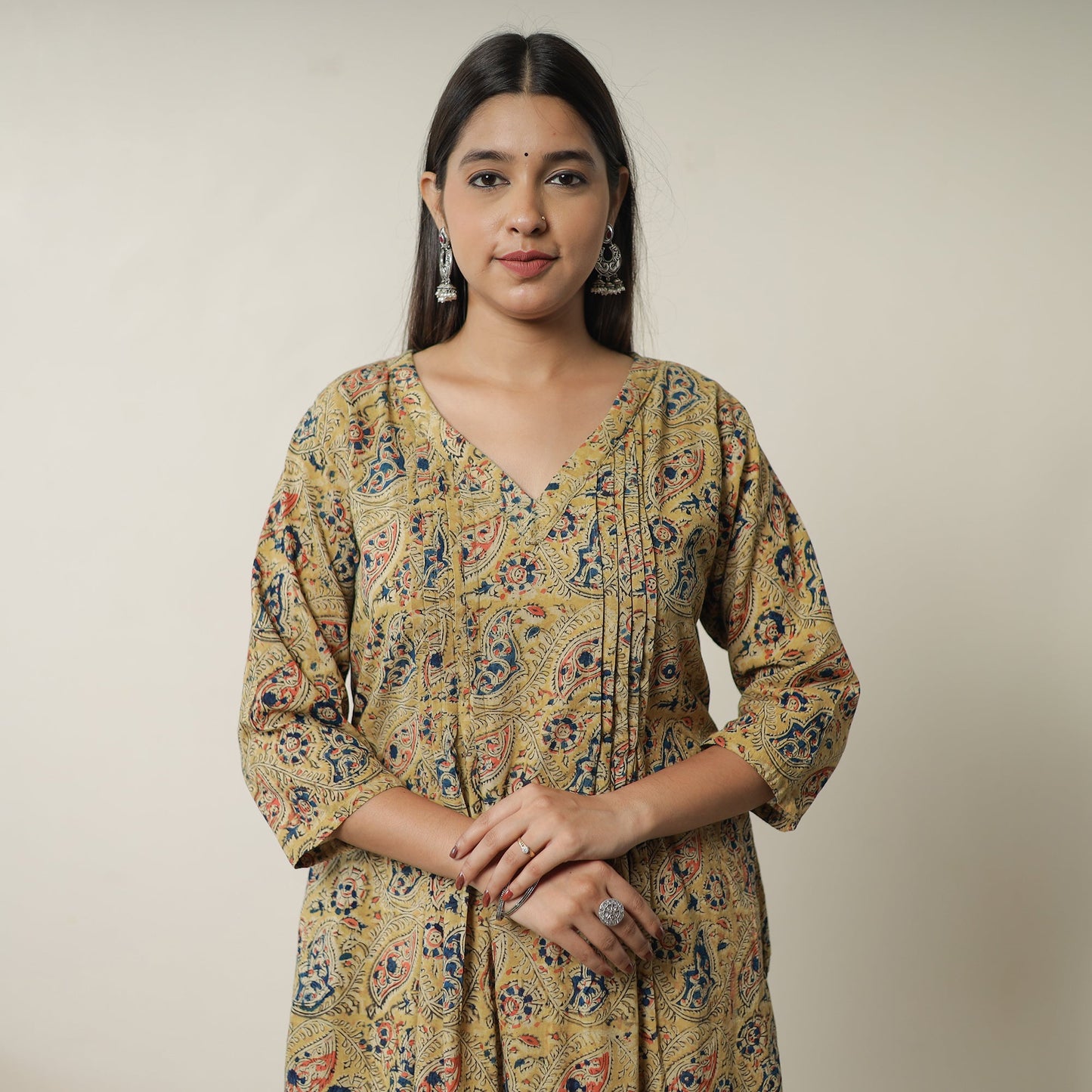 Yellow Pedana Block Print Cotton Pintuck Straight Kalamkari Kurta