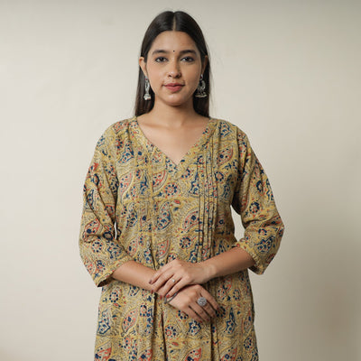 Yellow Pedana Block Print Cotton Pintuck Straight Kalamkari Kurta