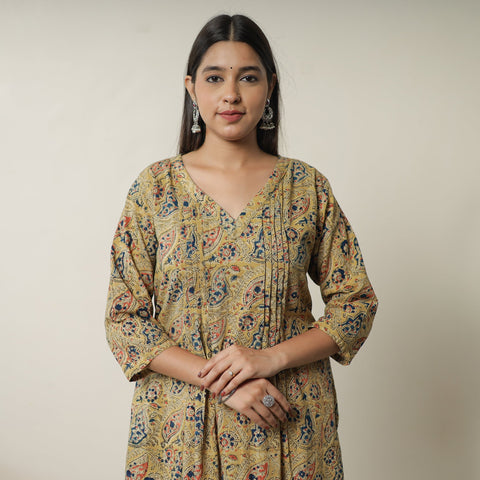 Yellow Pedana Block Print Cotton Pintuck Straight Kalamkari Kurta