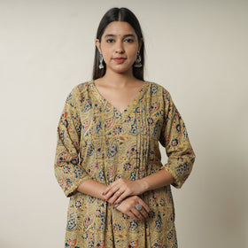 Yellow Pedana Block Print Cotton Pintuck Straight Kalamkari Kurta