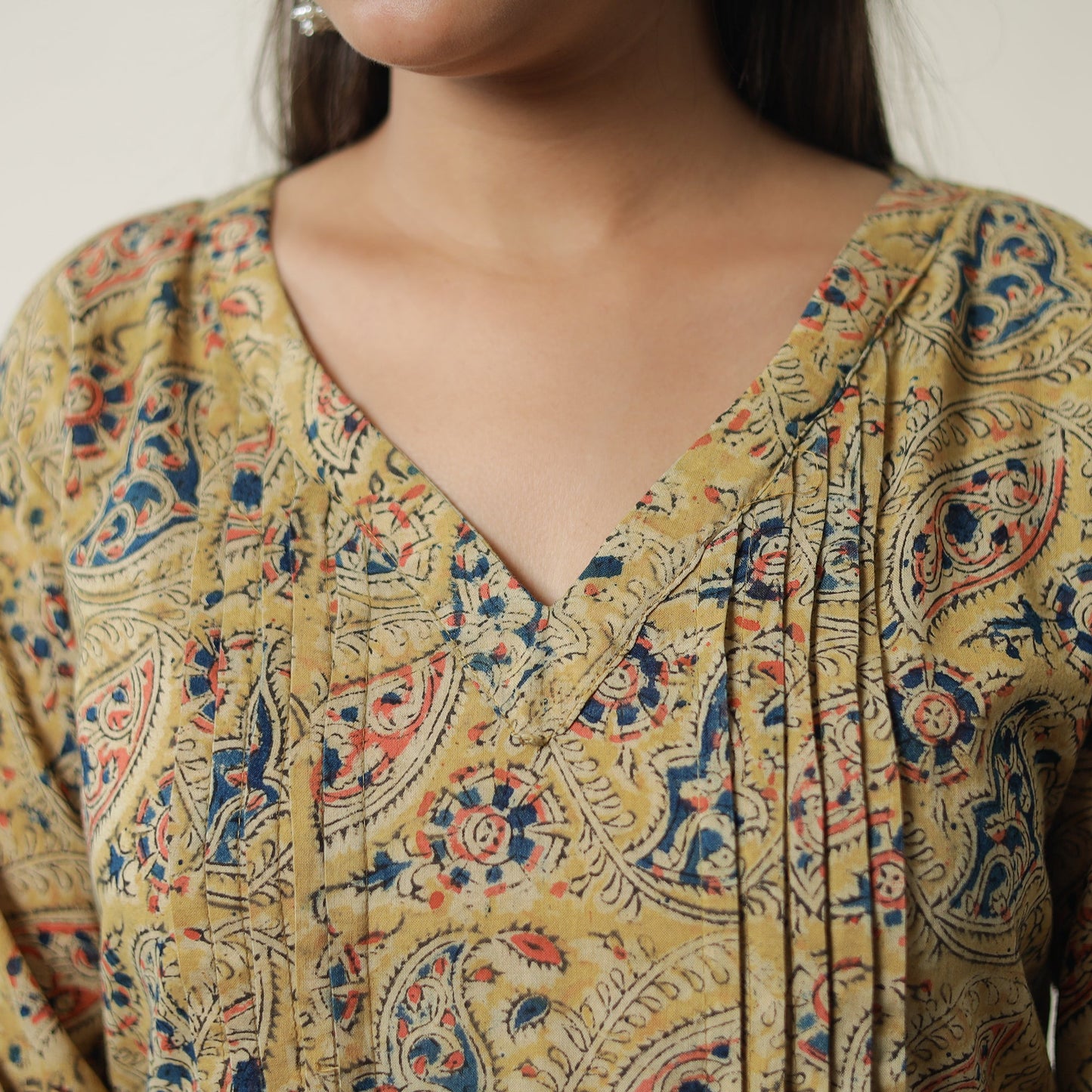 Yellow Pedana Block Print Cotton Pintuck Straight Kalamkari Kurta