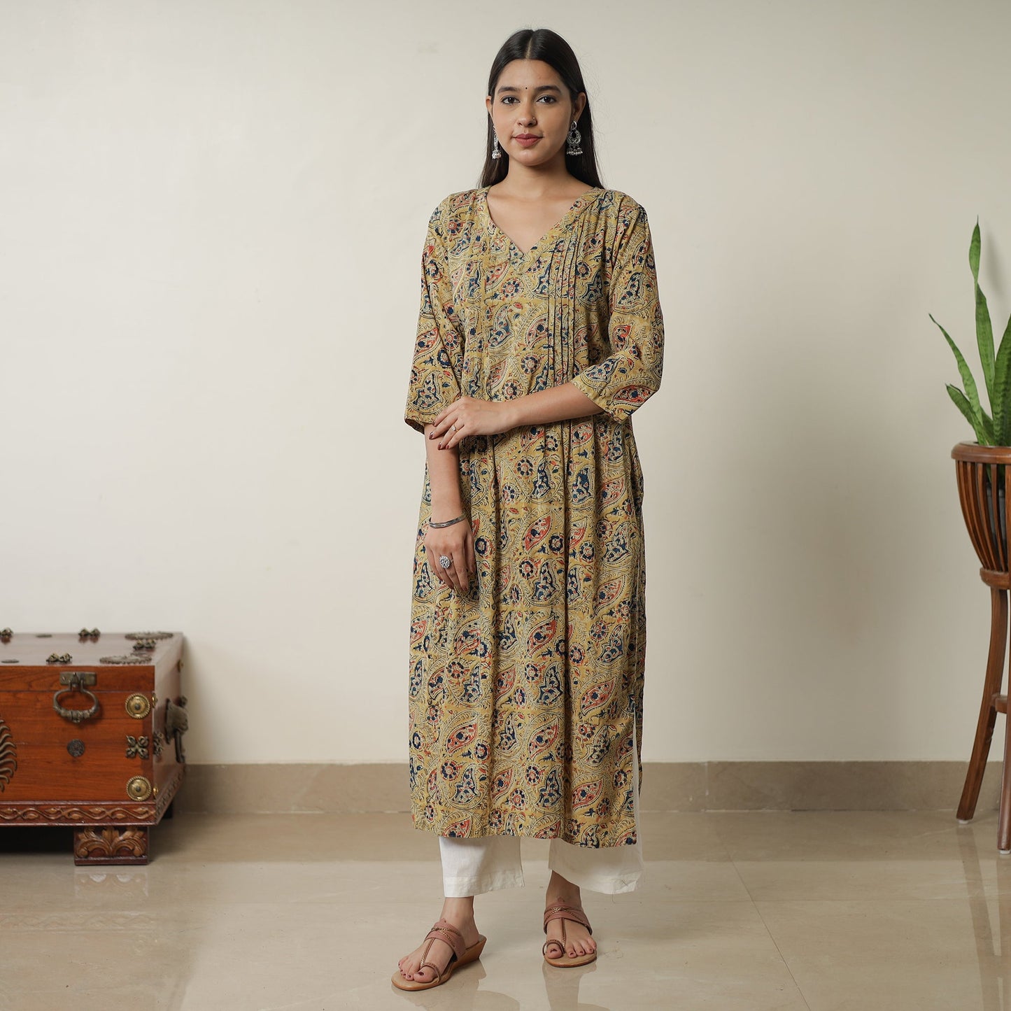 Yellow Pedana Block Print Cotton Pintuck Straight Kalamkari Kurta