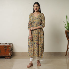 Yellow Pedana Block Print Cotton Pintuck Straight Kalamkari Kurta