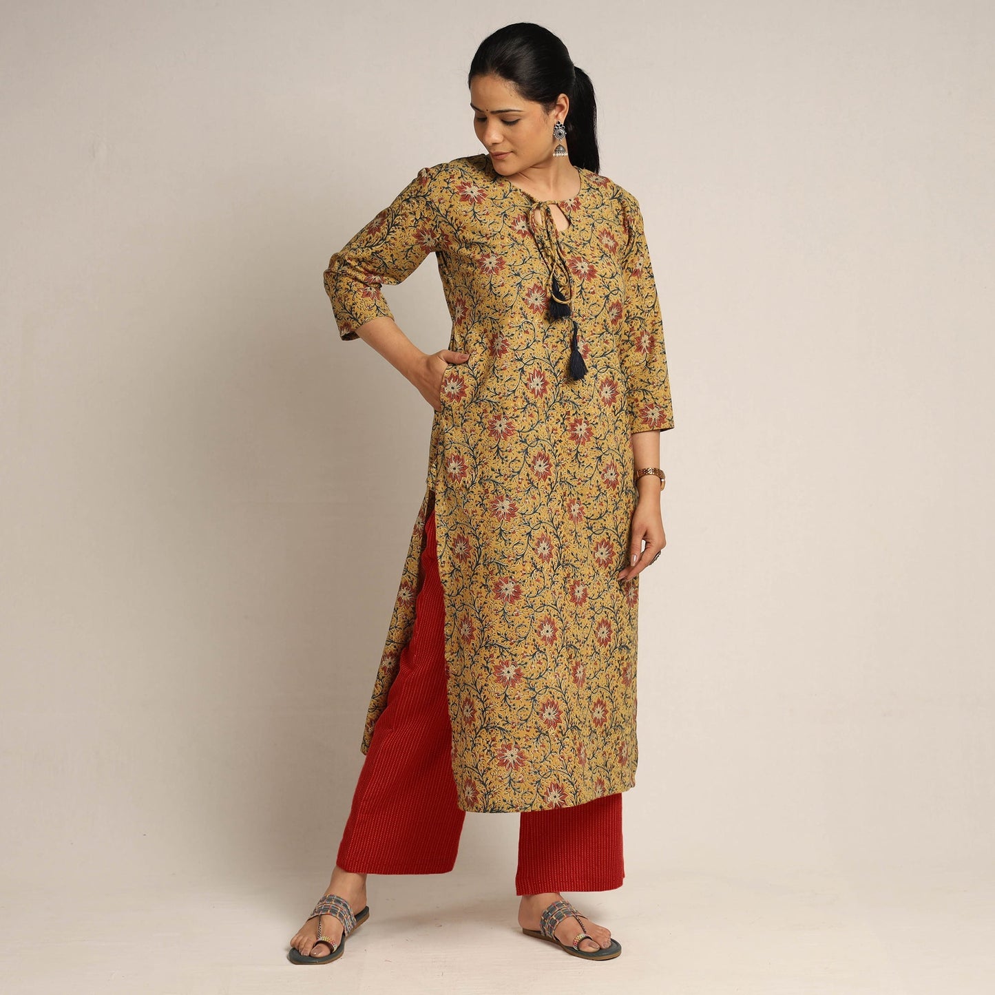 Yellow - pedana kalamkari printed cotton kurta with palazzo