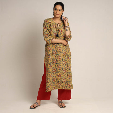Yellow - pedana kalamkari printed cotton kurta with palazzo
